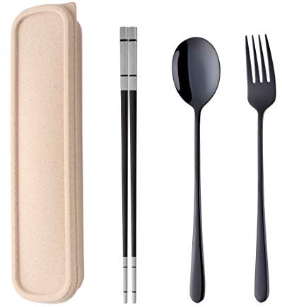 SBOMHS Tragbares Outdoor Reisebesteck set Schwarz Camping Besteck to go Picknick Schule Büro Lunch Geschirr für 1 person Edelstahl Essstäbchen Lange Tafelgabeln Suppenlöffel Weizenstroh Geschenkbox