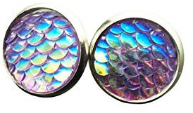Ohrringe Fischhaut Schuppen Meerjungfrau Regenbogen schillernd blau lila Resin Ohrstecker Stecker Cabochon silber bronze gold Juvelato