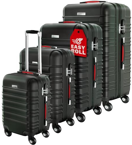 Monzana® 4 Piece Suitcase Set, Luggage Sets for Travel, 4 Wheels, Black | Lightweight ABS Hard Shell Suitcases, Telescopic Handle & Spinner Wheels, Built In Lock, Small Cabin Bag Medium Large XL