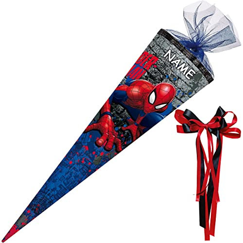 Nestler personalisiert mit Name und großer Schleife - 6859416 Schultüte Spiderman, 85 cm 6-eckig