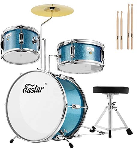 Eastar Batteria per Bambini per età 3-10 Anni, Junior Drum Set con Rullante, Tom, Grancassa, Pedale Grancassa, Sedile e Bacchette(Azzurro)