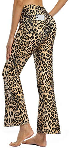 MOVE BEYOND Damen Yogahose Sporthose Bootcut Butterweiche Jogginghose Schlaghose Hohe Taille mit Taschen, Leopard, XL