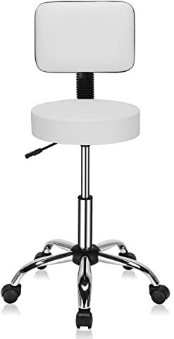 Bonnlo Hydraulic Gas Lift Rolling Adjustable Salon Chair Stool with Backrest, 360-Degree Rolling Wheels for Therapist Home Office Spa Beauty Tattoo Massage Drafting Medical, White