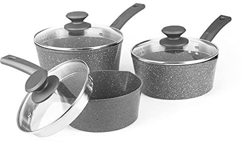 Salter BW09072AR Easy Pour 3-Piece Saucepan Set, Non-Stick Marble Effect Coating, 16/18/20cm, with Glass Lids, Strain/Pour Design, Induction Suitable, Lightweight, Soft-Touch Handle, Forged Aluminium