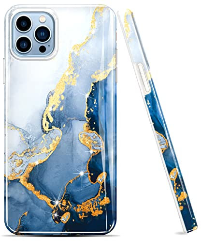 luolnh Compatible with iPhone 11 Pro Case,iPhone 11 Pro Case for Girl Women,Gold Glitter Sparkle Marble Cute Design Shockproof Bumper Cover Skin Phone Case (White&Dark Blue)