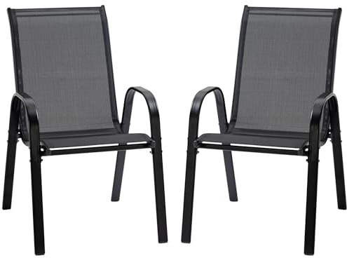 Outsunny Gartenstuhl 2er Set wetterfest Gartenstühle Stapelstuhl mit Armlehne Rückenlehne stapelbar Terrassenstuhl bis 120 kg belastbar Gartenmöbel für Hinterhof, Garten, Balkon Schwarz