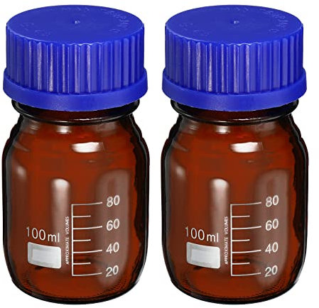 PATIKIL 100mL Reagent Media Bottle, 2Pcs Round Graduated Glass Storage Bottle Blue Screw Cap for Chemistry Lab Universities Home, Amber