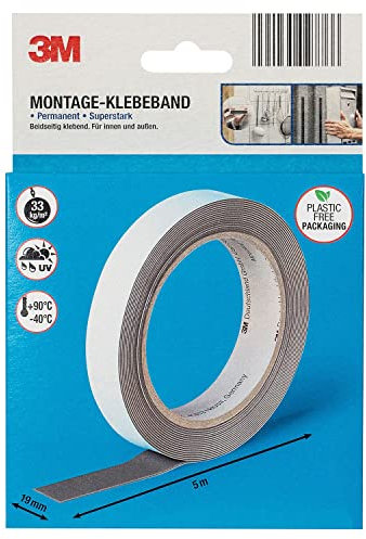 3M Montage Klebeband I 19mm x 5m I Doppelseitig I Permanent I Für innen & außen I +90°C - 40°C I