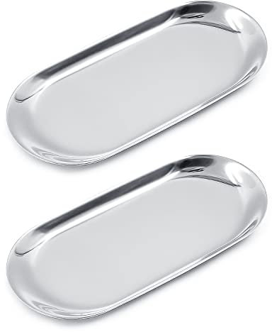 Deko Tablett, Edelstahl Servierteller Dekoteller 23cm Ablageschale Schmuck Tablett für Dessert Kosmetik Schmuck Kerzen Oval, Silber,2 STK