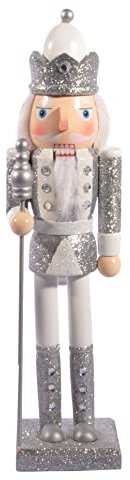 Ciao Christmas Nutcracker Toy Soldier King with Scepter (24cm) Wooden Glittery Decoration, Silver/White, Wood, 24 cm