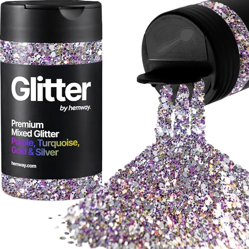 Hemway Purple, Turquoise, Gold & Silver Mix Glitter Shaker, 110g Mixed Size | for Resin & Epoxy Crafts for Decorating, Halloween, Christmas, Nail, Face, Art