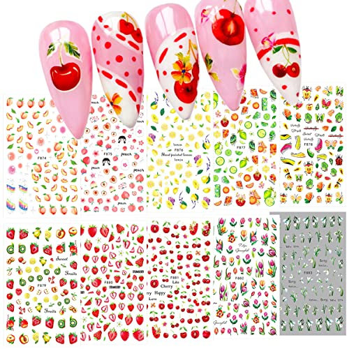 Stickers Ongles 3D Pour Ongles de Fruits D'été Autocollants Fleur Rose Cerise Fraise Papillon Pêche Citron Tulipe Lys Motifs Design Pour Manucure Art Autocollants Décorations D'ongles 10 Feuilles
