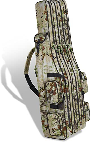 Rutentasche Rod Case Angelkoffer Futteral mit 2, 3 oder 4 Ruten-Fächern, Verschiedene Längen wählbar - stark wasserabweisender Fishing Rucksack Farbe Wald-Camo 4 Innenfächer Größe 170 cm