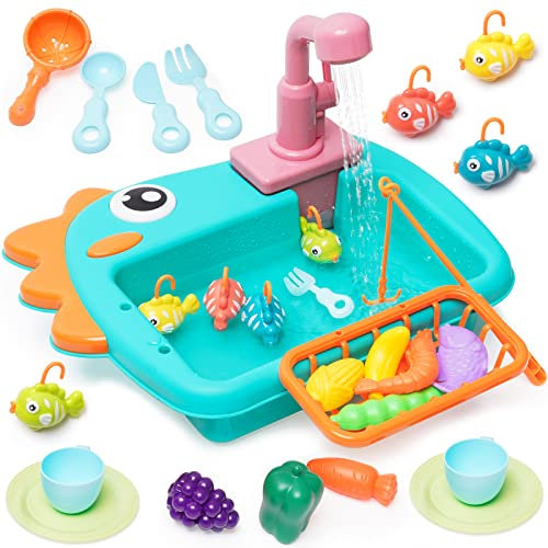 Fregadero de Juguete de Cocina con Agua Corriente, Juego de Pesca, lavavajillas Juguete de Hogar y Cocina con Accesorios Utensilios, Grifo de Agua, Juegos de rol Regalo para Niñas y Niños