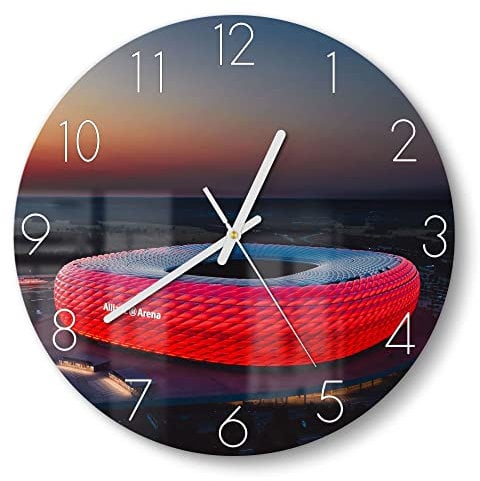 DEQORI Glasuhr | rund Ø 30 cm | Motiv Allianz Arena, München | ausgefallene leise Design Uhr aus Glas | Wanduhr für Wohnzimmer & Küche | Moderne Hingucker Uhr für die Wand