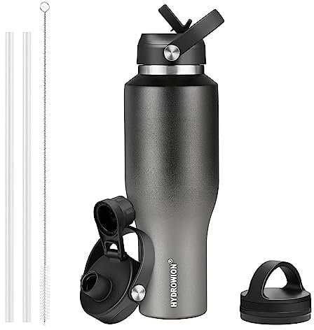 HYDROWION Water Bottle Insulated (Cold 48 hrs, Hot 24 hrs) 40 oz Stainless Steel Water Tumbler with Leak Proof Straw Lid, Spout Lid and Flex Cap,Double Wall Travel Tumbler Cup, Black&Grey