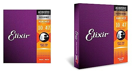 Elixir® 11152 Saiten 80/20 Bronze 12-saiter Akustik-Gitarrensaiten & 16002 Saiten Phosphor Bronze Akustik-Gitarrensaiten mit NANOWEB Beschichtung, Extra Light (.010-.047)