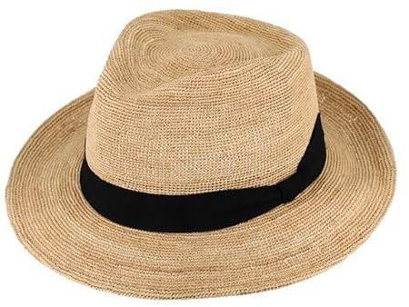 fiebig Raffiahut Fedora Crochet | Crushable Sonnenhut aus gehäkeltem Material (61-XL, Beige)