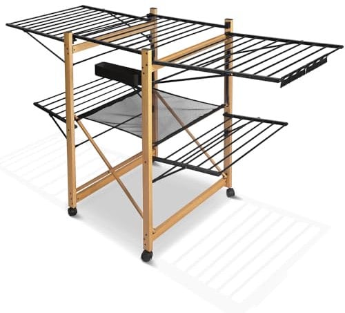 VOUNOT Wäscheständer ausziehbar, Standtrockner aus Rostfreier Stahl, Flügelwäschetrockner Wäschetrockner mit Rollen & Trockenlänge 30m, platzsparend, klappbar 180x105x61cm, Schwarz