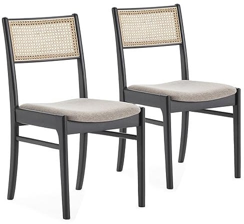 HOMN LIVING Vilma 2er Pack Stühle Farbe Schwarz Wash, Massivholz und natürliches Rattan, 45,5 cm (Breite) 54,5 cm (Tiefe) 82 cm (Höhe)