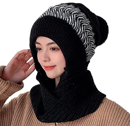 Che Mütze Babyhaube Winter Damen Winter Slouchy Strick Warme Mützen Wollmütze Schal Integrierte Pullover Mütze Niedliche Eltern Kind Strickmütze Babymütze Neugeborene Mütze Mit (Black, One Size)