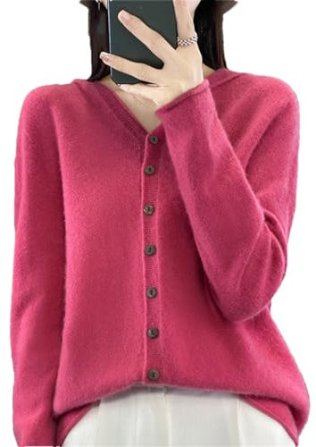Autunno/Inverno Donna Merino Lana Cardigan Con Cappuccio Maglione Cardigan Caldo Maglia Capispalla, Rosso fucsia, XL