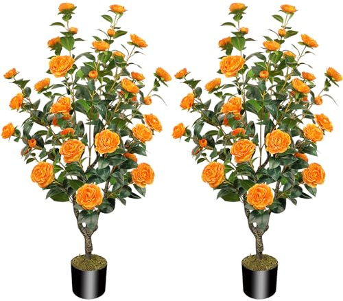 Künstlicher Baum mit Kamelienblüten, künstlicher Baum mit 32 blühenden Blumen, Orangenbaum für Frühling, Haustür, Außen- und Innendekoration, 2 Stück
