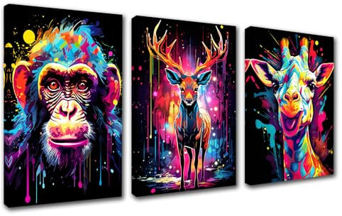 Tucocoo 3-teiliges Leinwandbild, Graffiti-Tiere, Portrait-Bilder, Affe, Hirsch, Giraffe, Gemälde, zeitgenössisches Kunstwerk, bunte Wohnkultur für Wohnzimmer, Holzrahmen, fertig zum Aufhängen