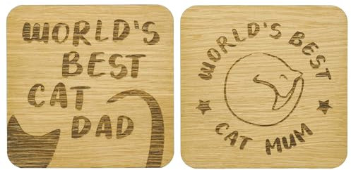 Cat Mum or Dad Oak Veneer Coaster - Cute Kitty Drinks Mat - 9.7cm x 9.7cm - Cat Lover Present (Mum and Dad Set)