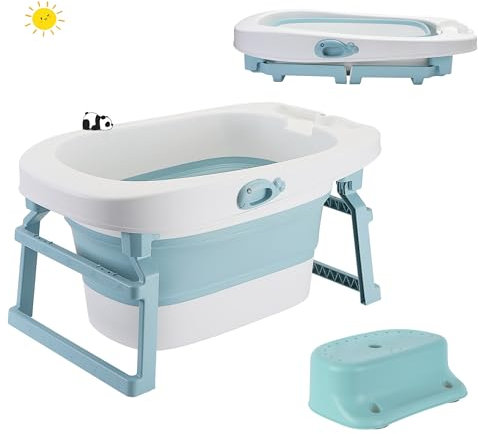 XUANYU Faltbare Babybadewanne mit Badewannensitz Größe XL-85×55×43 cm Klappbar Badewanne Neugeborenen Tragbare Duschwanne mit Ständer Reisebadewanne für Babys von 0-36 Monaten Baby Bathtub Blau