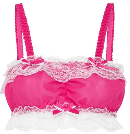 Satini Bralette Sissy Aderente in Chiffon | Tessuto Semitrasparente, Bordo in Pizzo a Volant, Fiocchi Decorativi, Spalline Arricciate, Taglie S-XXL