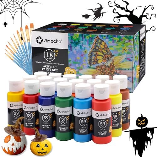Artecho Pinturas Acrilicas 18 × 59 ml con Pincel de 10 Piezas, Acrylic Paint Set, no Tóxico, Impermeable y Resistente a la luz, para Lienzos, Tela, Madera, Cristal, Piedras.