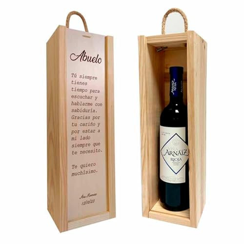 Adri - Regalos originales personalizados para padres, madres, hermanos, abuelos - Caja de madera personalizada con botella de vino incluida para regalar (FRASE ABUELO)
