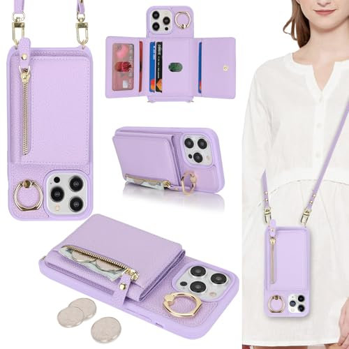 ELTEKER Handyhülle für iPhone 12 Pro Max Hülle mit Band Kartenfach Ringhalterung Geldbörse,Leder Klapphülle Umhängetasche Handytasche für iPhone 12 Pro Max - lila