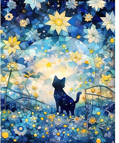 HEIBAGO Chat Peinture par numéros pour Adultes, Kit de Peinture à l'huile sur Toile par numéro pour Débutants, Peinture à l'huile DIY Nuit étoilée pour la décoration de la maison 40x50cm