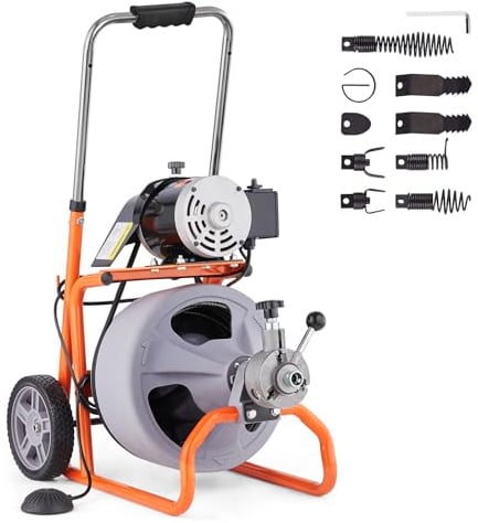 VEVOR Drain Cleaner Machine 75FT x 3/8 Inch, Auto Feed Sewer Snake Drain Auger on Wheels, Portable Drain Cleaning Machine with 8 Cutters & Air-activated Foot Switch for 2 to 4 Pipes