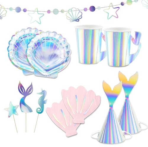 Decoraparty Set Stoviglie Sirena per 6 Persone, Decorazioni Addobbi Festa Compleanno Bambina da Tavola Iridescente 6 Piatti, 6 Bicchieri, 20 Tovaglioli, 6 Cappellini, 1 Banner, kit 3 Cake Topper