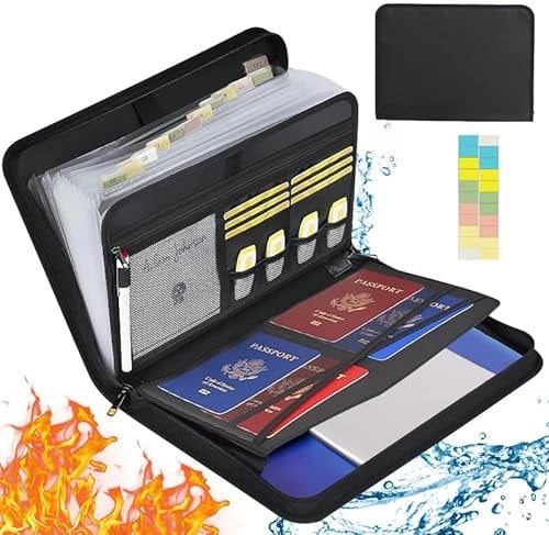 Trieur A4 Ignifuge Trieur Document, Trieur Document Valise Résiste à 2000°F Revêtement de Silicone,13 Compartiments, Organisateur de Documents Imperméable Trieur pour Documents, Passeport et Plus