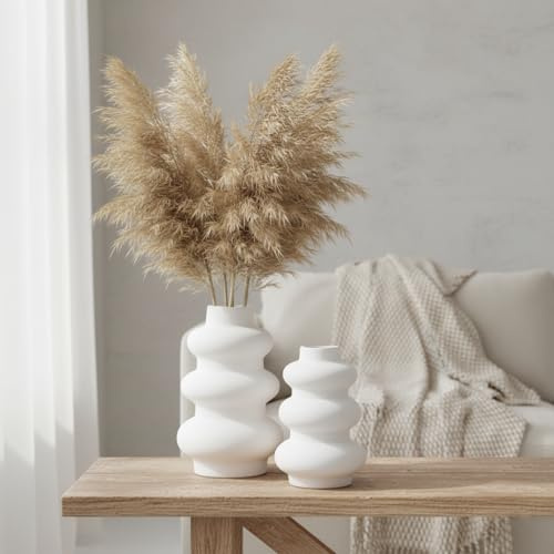 Ajuny Vase in Kürbis Form 2er Set – Weiße Dekorative Keramik Flaschen Vasen für Pampasgras Blumen | Tischdekoration für Hochzeiten, Partys, Wohnzimmer, Büro, Moderne Heim Dekoration