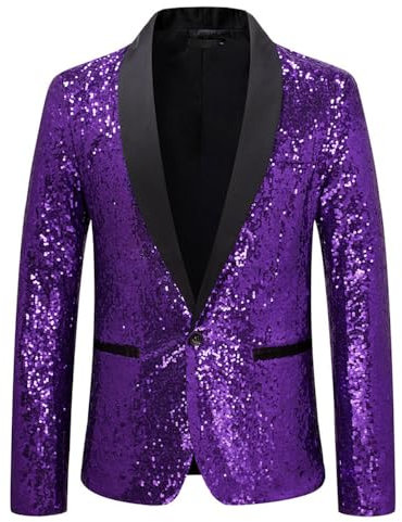 Giacca da uomo slim fit con paillettes blazer a maniche lunghe con un bottone per ballo di fine anno festa di nozze banchetto, Viola, S