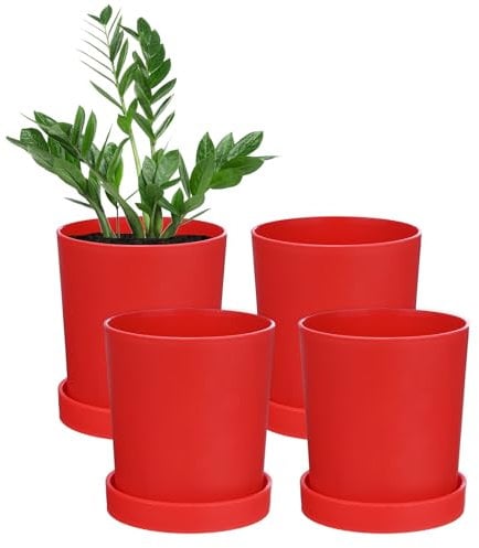 M METERXITY 4-Pack Plant Pots, 4.5 Inch Plastic Flower Pots with Drainage Holes for Cactus/Succulents Pot/Small Plants/Home/Garden, Planters for Indoor Plants [Red]