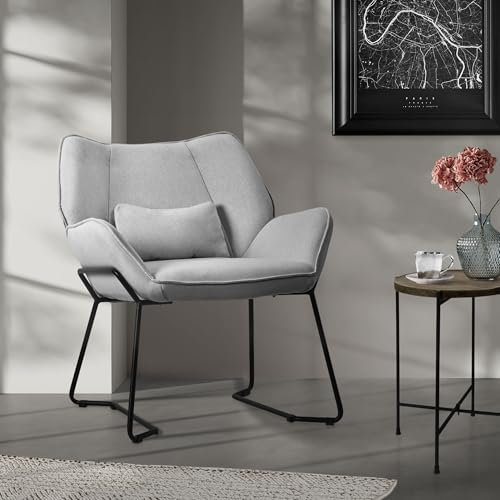 ML-Design Loungesessel Hellgrau, Relaxsessel mit Leinenbezug und schwarzen Metallbeine, Wohnzimmerstuhl mit Armlehne & Rückenlehne, Polsterstuhl mit Kissen, Ohrensessel ergonomisch, Einzelsofa modern