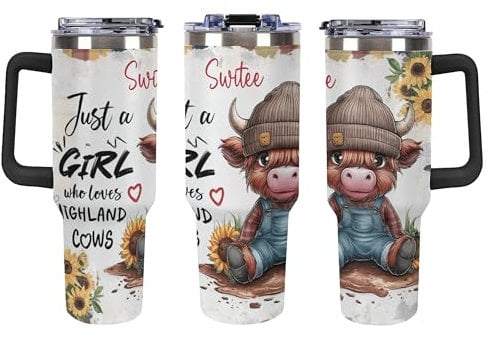 Zxyhomex Personalised Gifts for Highland Cow Lover, Highland Cow 40 oz Travel Coffee Tumbler Cup with Handle,Lid and Straw for Water, Iced Tea or Coffee, Smoothie and More, Stainless Steel