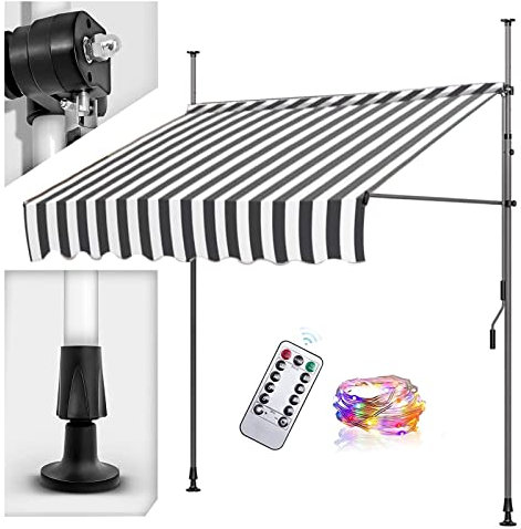 Terassen-Teleskop-Markise mit Handkurbel und Licht, verstellbare Pergola Schattenabdeckung für Balkon, nicht schraubbar, Outdoor-Sonnenschutz mit UV-Schutz