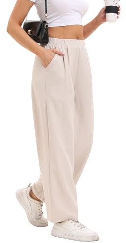 DGSHIRLDJO Weite Hose Damen Sommer Lässig Gerade Stoffhose Hohe Taille Lounge Elegante Business Hosen mit Taschen（XL，Beige）