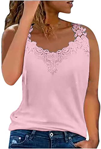 KUIH Women's Pink Sleeveless Loose Fit Lace Camisole Top XXL