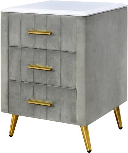 Nachttisch aus Samt mit 3 Schubladen und Marmorplatte, moderner Nachttisch mit Metallbeinen