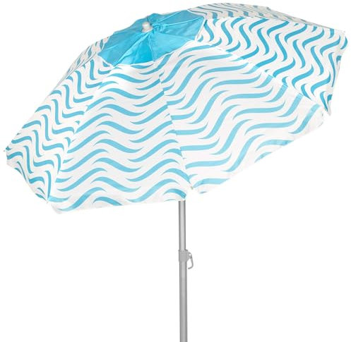 AKTIVE Sombrilla de playa antiviento 220 cm, 8 varillas de fibra de vidrio, Diseño olas de playa, Ventilación superior, Protección UV50, Mástil de acero inclinable, 28/32 mm, Incluye funda (62441)