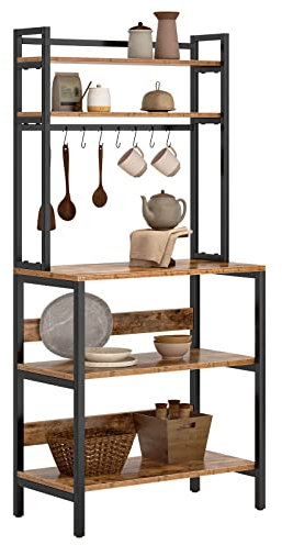 5Tier Kitchen Shelf Industrial Style Microwave Stand with Hooks Rustic Brown Bakery Rack Freestanding Kitchen nizer for Home & Bakery Use