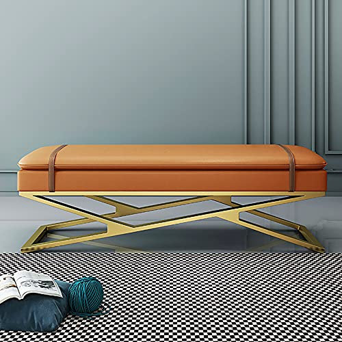 Zweilagige Sitzbank mit weichem Kissen, moderner Eingangsbereich mit Sockel, Bequeme Multifunktions-Sofabank aus Leder am Bettende, Orange 60 x 38 x 45 cm
